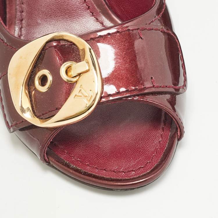 Pre Owned Louis Vuitton Burgundy Patent Leather Slingback Sandals Size 37