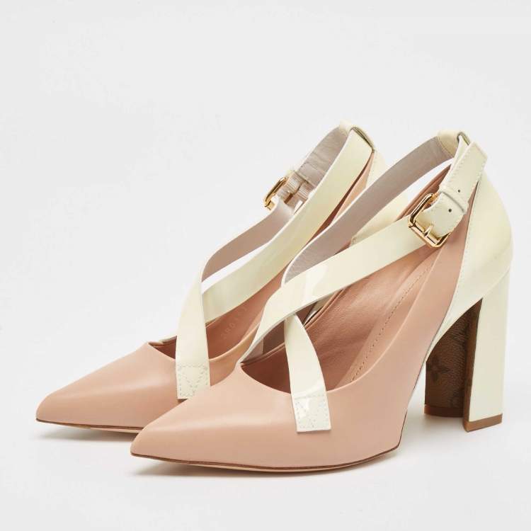 Pre Owned Louis Vuitton Pink/Off White Leather and Patent Matchmake Pumps Size 38.5