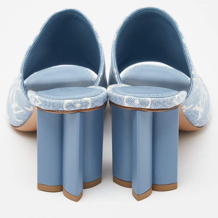 Pre Owned Louis Vuitton Blue Monogram Denim Leather Mules Size 37