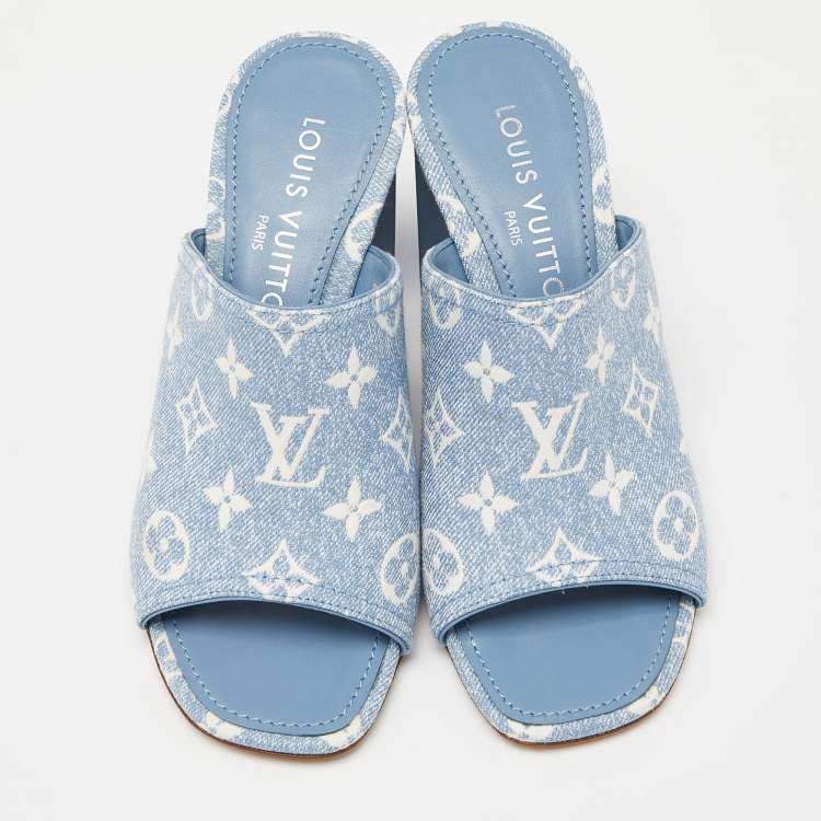 Pre Owned Louis Vuitton Blue Monogram Denim Leather Mules Size 37