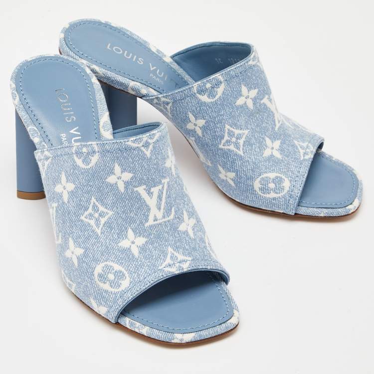 Pre Owned Louis Vuitton Blue Monogram Denim Leather Mules Size 37