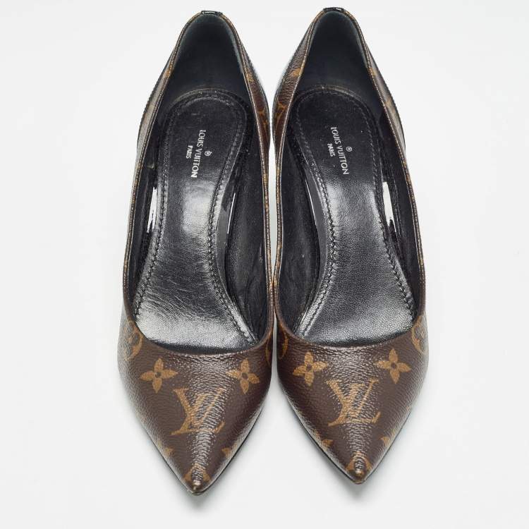 Pre Owned Louis Vuitton Brown/Black Monogram Canvas and Patent Chérie Pumps Size 38