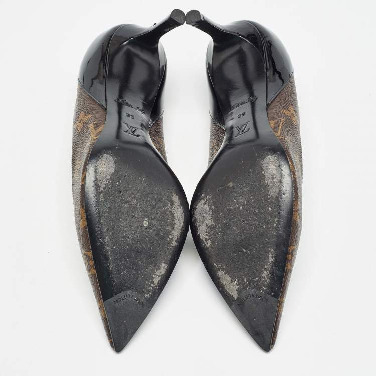 Pre Owned Louis Vuitton Brown/Black Monogram Canvas and Patent Chérie Pumps Size 38
