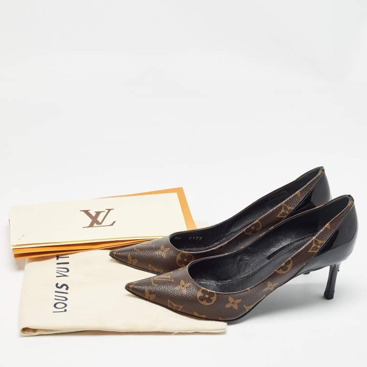 Pre Owned Louis Vuitton Brown/Black Monogram Canvas and Patent Chérie Pumps Size 38
