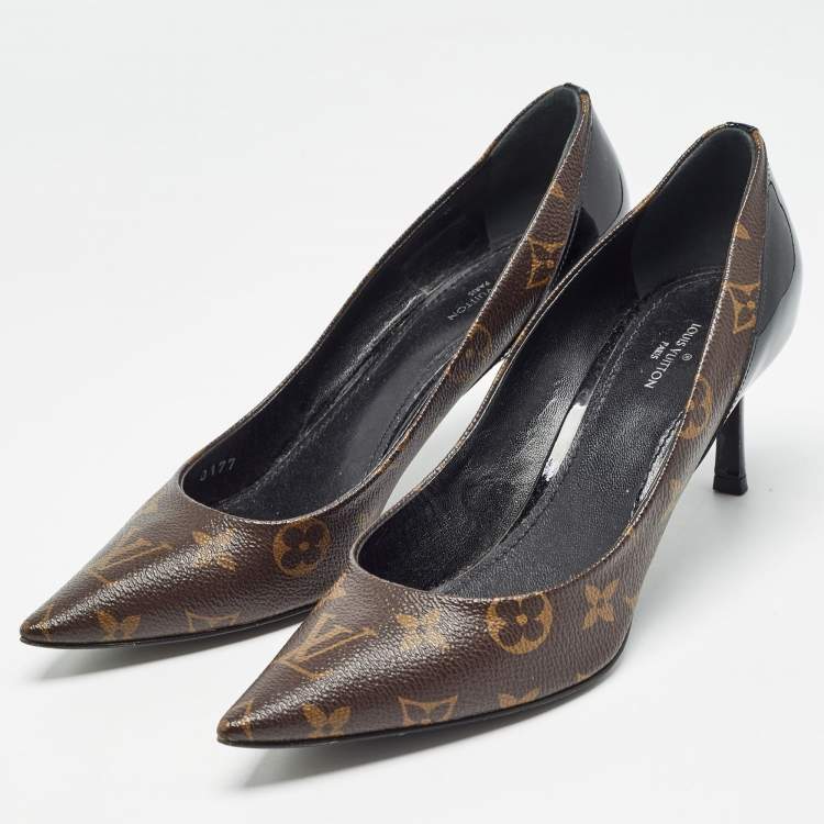 Pre Owned Louis Vuitton Brown/Black Monogram Canvas and Patent Chérie Pumps Size 38