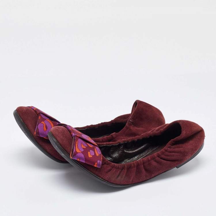 Pre Owned Louis Vuitton Burgundy Suede Bow Scrunch Ballet Flats Size 39