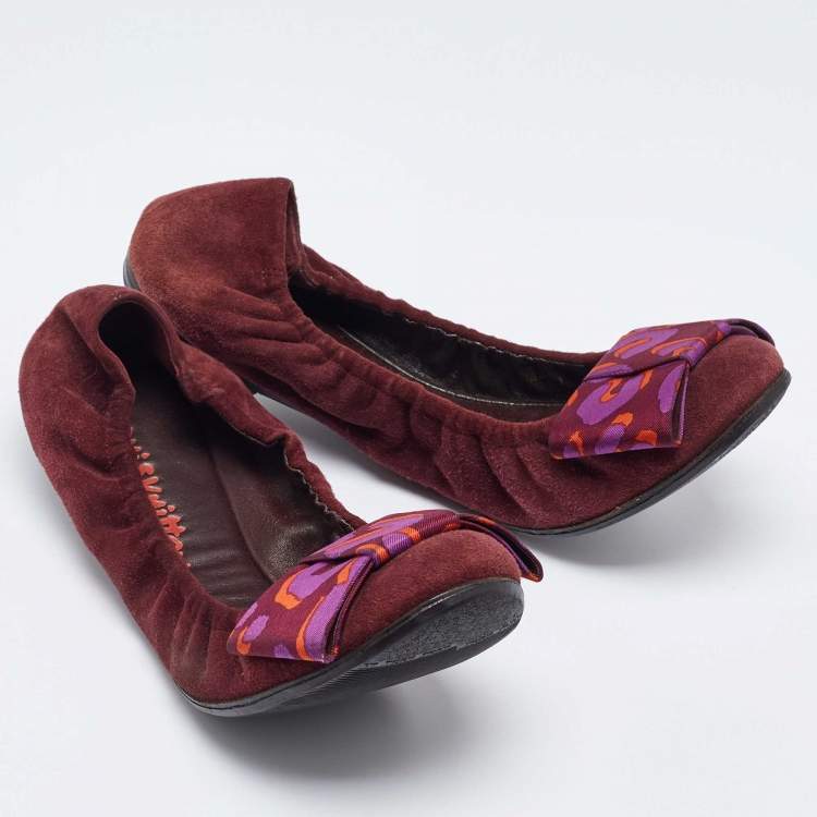 Pre Owned Louis Vuitton Burgundy Suede Bow Scrunch Ballet Flats Size 39