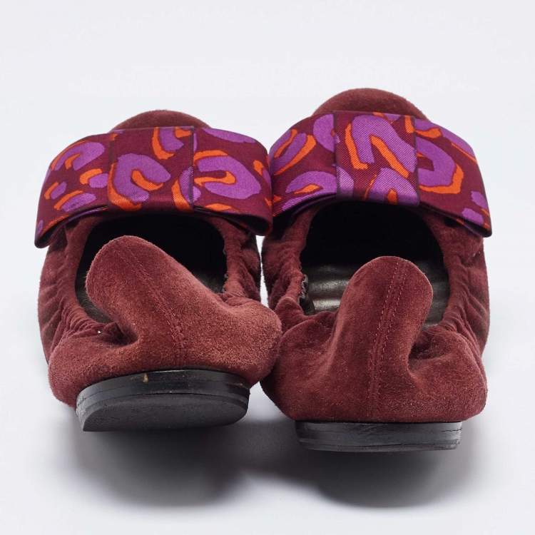 Pre Owned Louis Vuitton Burgundy Suede Bow Scrunch Ballet Flats Size 39