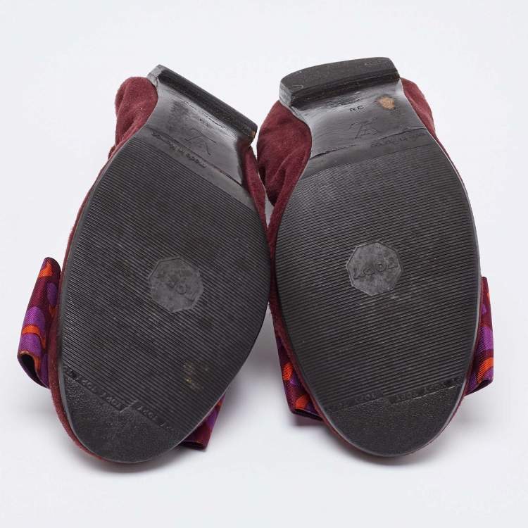 Pre Owned Louis Vuitton Burgundy Suede Bow Scrunch Ballet Flats Size 39