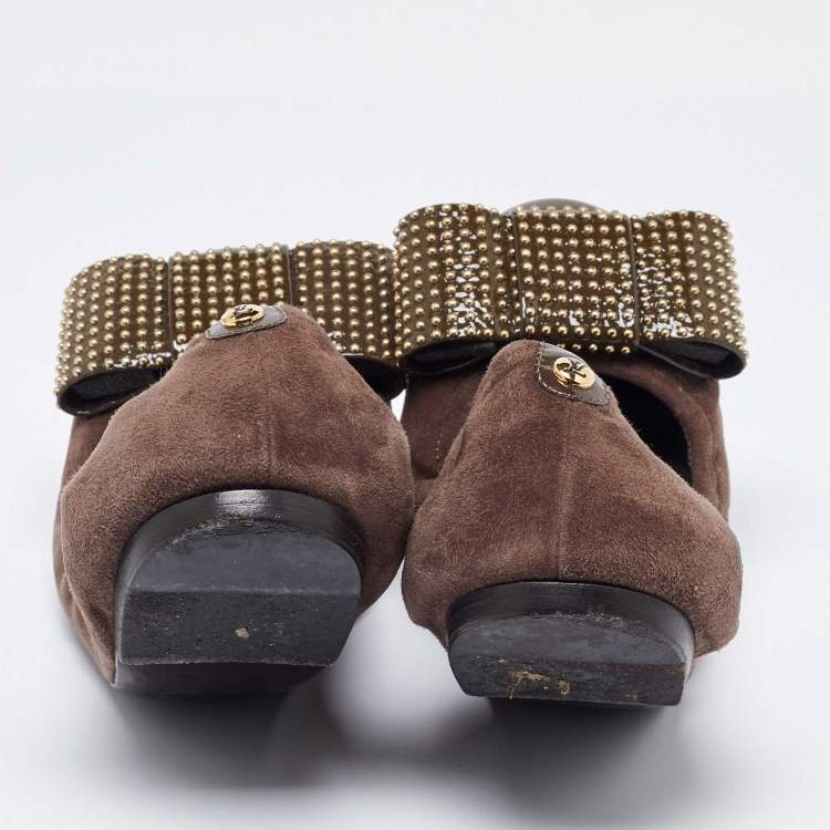 Pre Owned Louis Vuitton Brown/Green Suede and Patent Leather Mimi Studded Bow Scrunch Ballet Flats Size 38.5