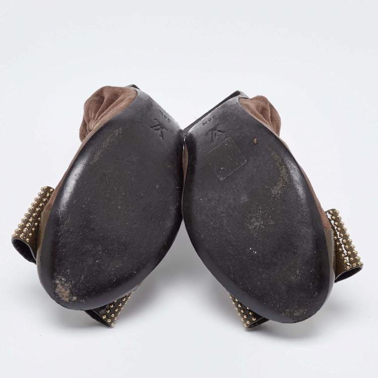 Pre Owned Louis Vuitton Brown/Green Suede and Patent Leather Mimi Studded Bow Scrunch Ballet Flats Size 38.5