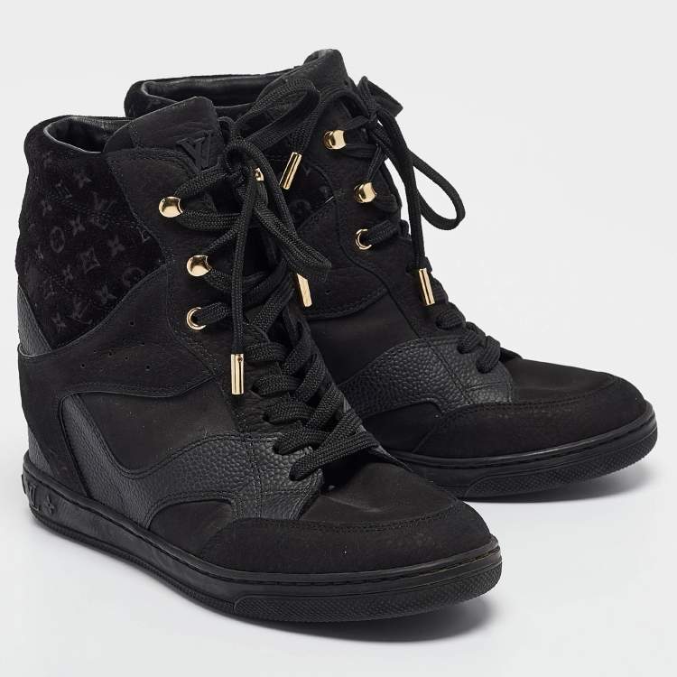 Pre Owned Louis Vuitton Black Leather And Suede Monogram Empreinte Wedge Sneakers Size 36