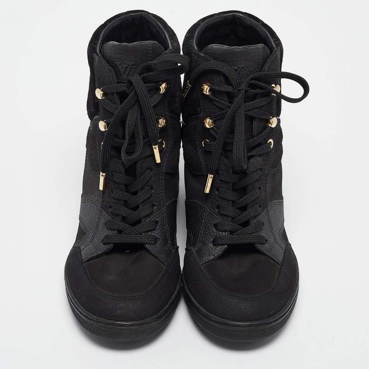 Pre Owned Louis Vuitton Black Leather And Suede Monogram Empreinte Wedge Sneakers Size 36