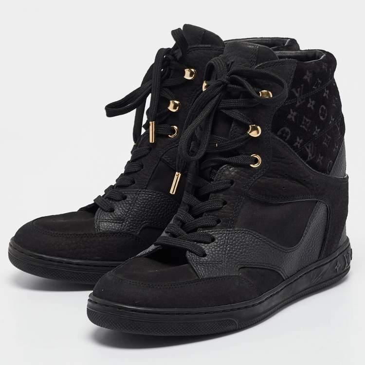 Pre Owned Louis Vuitton Black Leather And Suede Monogram Empreinte Wedge Sneakers Size 36