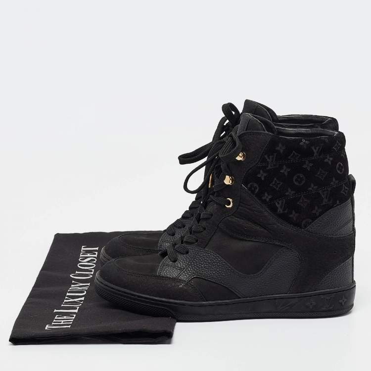 Pre Owned Louis Vuitton Black Leather And Suede Monogram Empreinte Wedge Sneakers Size 36