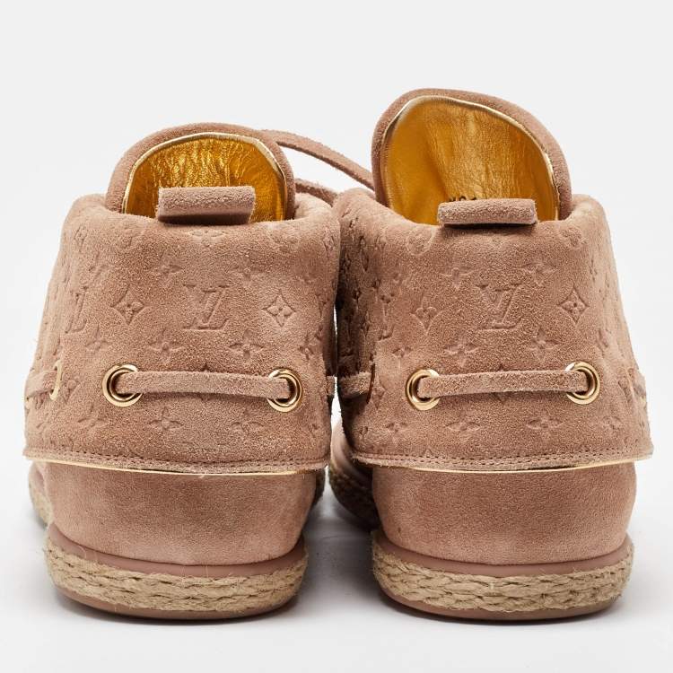 Pre Owned Louis Vuitton Dusty Pink Empreinte Suede Lace Up Booties Size 39