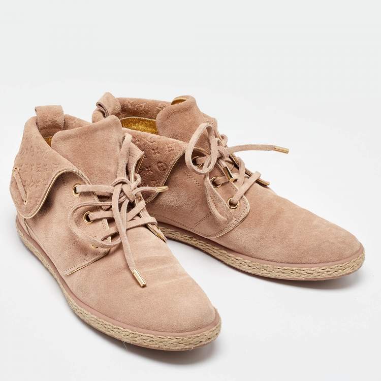 Pre Owned Louis Vuitton Dusty Pink Empreinte Suede Lace Up Booties Size 39