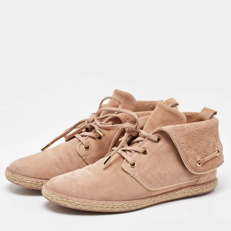 Pre Owned Louis Vuitton Dusty Pink Empreinte Suede Lace Up Booties Size 39