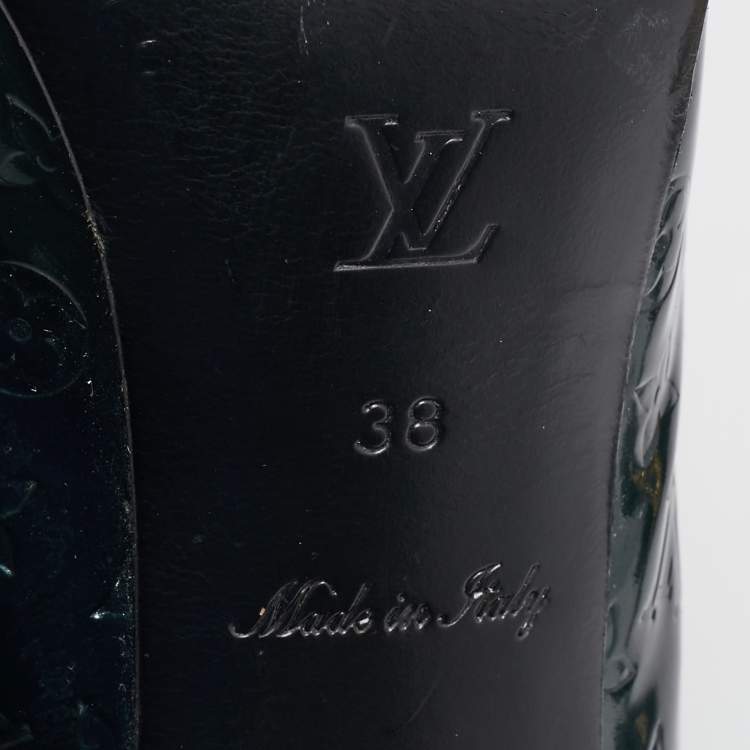 Pre Owned Louis Vuitton Green Monogram Patent Chain Detail Peep Toe Pumps Size 38