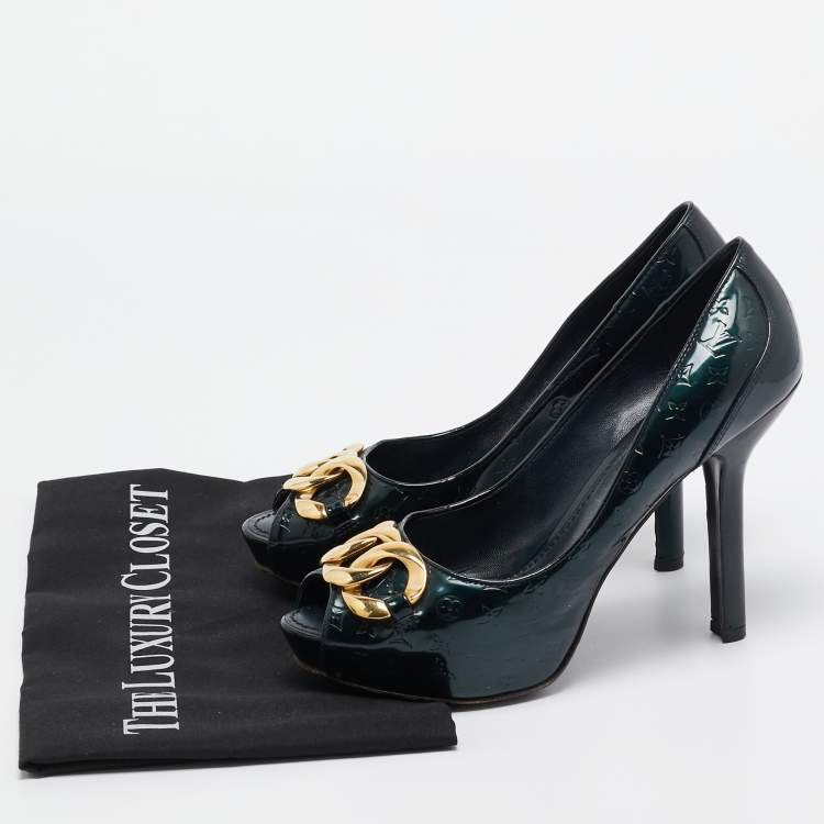 Pre Owned Louis Vuitton Green Monogram Patent Chain Detail Peep Toe Pumps Size 38