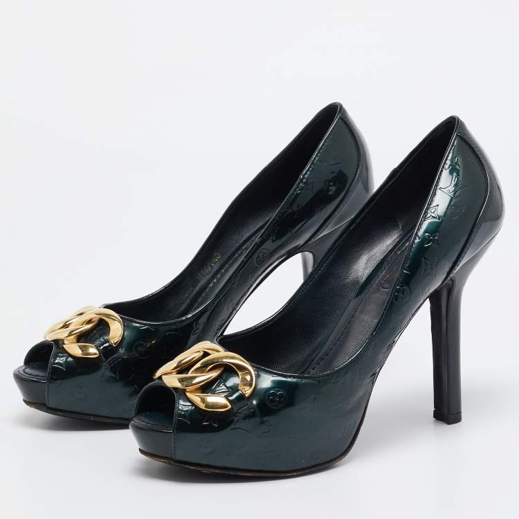 Pre Owned Louis Vuitton Green Monogram Patent Chain Detail Peep Toe Pumps Size 38