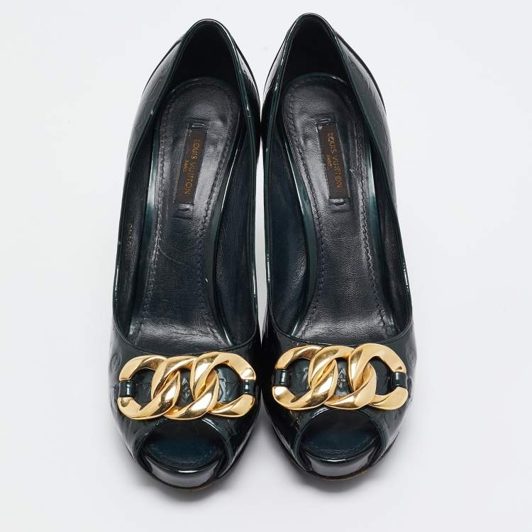 Pre Owned Louis Vuitton Green Monogram Patent Chain Detail Peep Toe Pumps Size 38