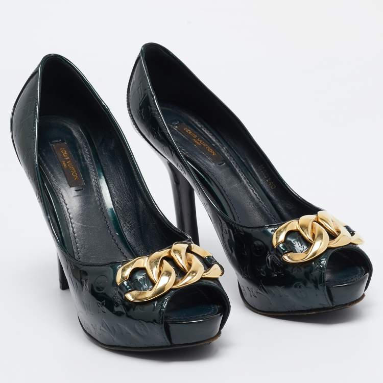 Pre Owned Louis Vuitton Green Monogram Patent Chain Detail Peep Toe Pumps Size 38
