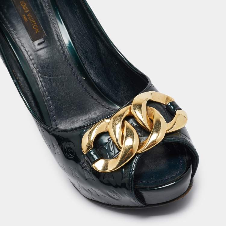 Pre Owned Louis Vuitton Green Monogram Patent Chain Detail Peep Toe Pumps Size 38