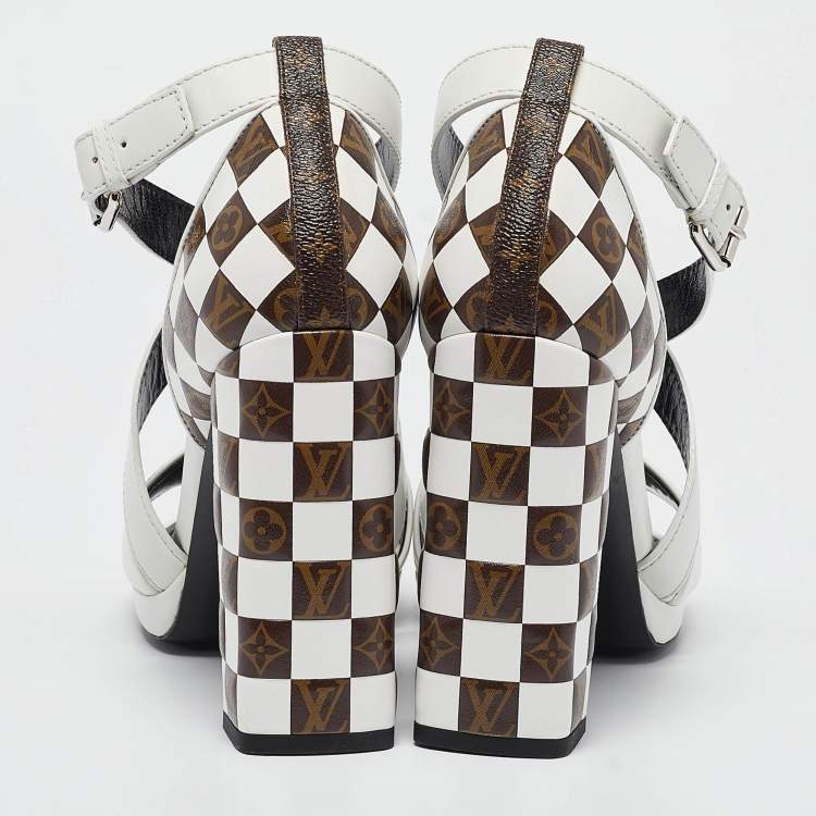 Pre Owned Louis Vuitton White/Brown Monogram Canvas and Leather Ankle Strap Sandals Size 39