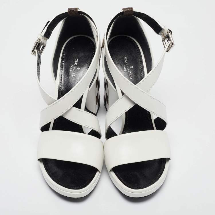 Pre Owned Louis Vuitton White/Brown Monogram Canvas and Leather Ankle Strap Sandals Size 39
