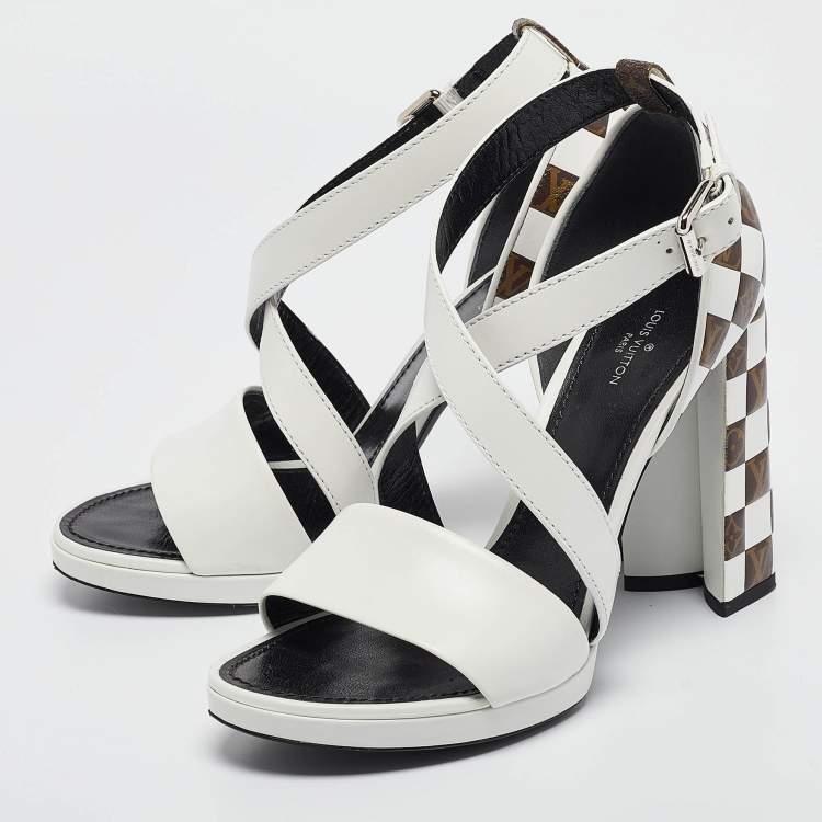 Pre Owned Louis Vuitton White/Brown Monogram Canvas and Leather Ankle Strap Sandals Size 39