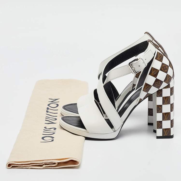 Pre Owned Louis Vuitton White/Brown Monogram Canvas and Leather Ankle Strap Sandals Size 39