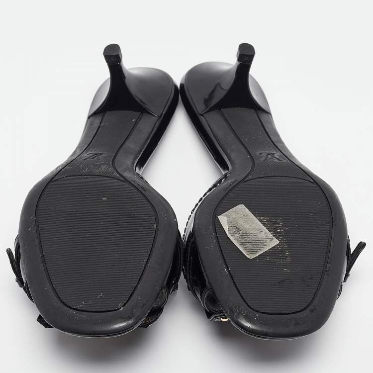 Pre Owned Louis Vuitton Black Patent Leather Studded Fringe Buckle Detail Slide Sandals Size 38.5