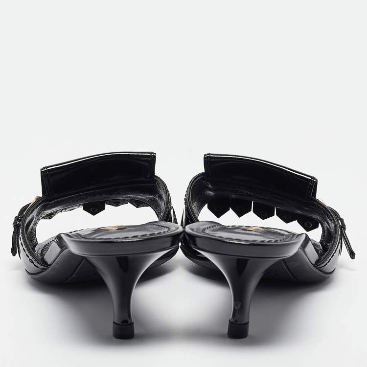 Pre Owned Louis Vuitton Black Patent Leather Studded Fringe Buckle Detail Slide Sandals Size 38.5