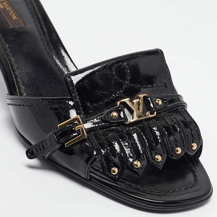 Pre Owned Louis Vuitton Black Patent Leather Studded Fringe Buckle Detail Slide Sandals Size 38.5