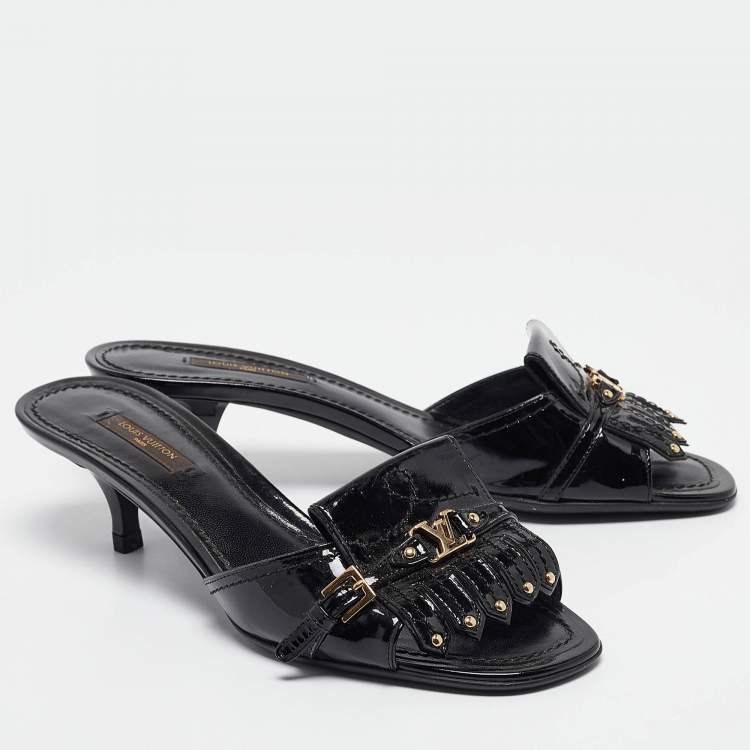 Pre Owned Louis Vuitton Black Patent Leather Studded Fringe Buckle Detail Slide Sandals Size 38.5