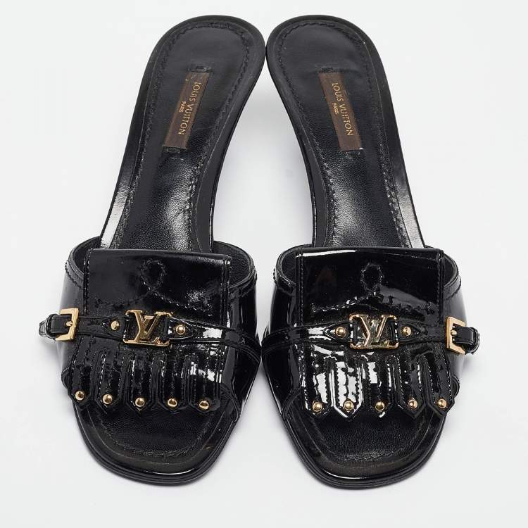 Pre Owned Louis Vuitton Black Patent Leather Studded Fringe Buckle Detail Slide Sandals Size 38.5