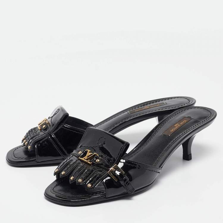 Pre Owned Louis Vuitton Black Patent Leather Studded Fringe Buckle Detail Slide Sandals Size 38.5