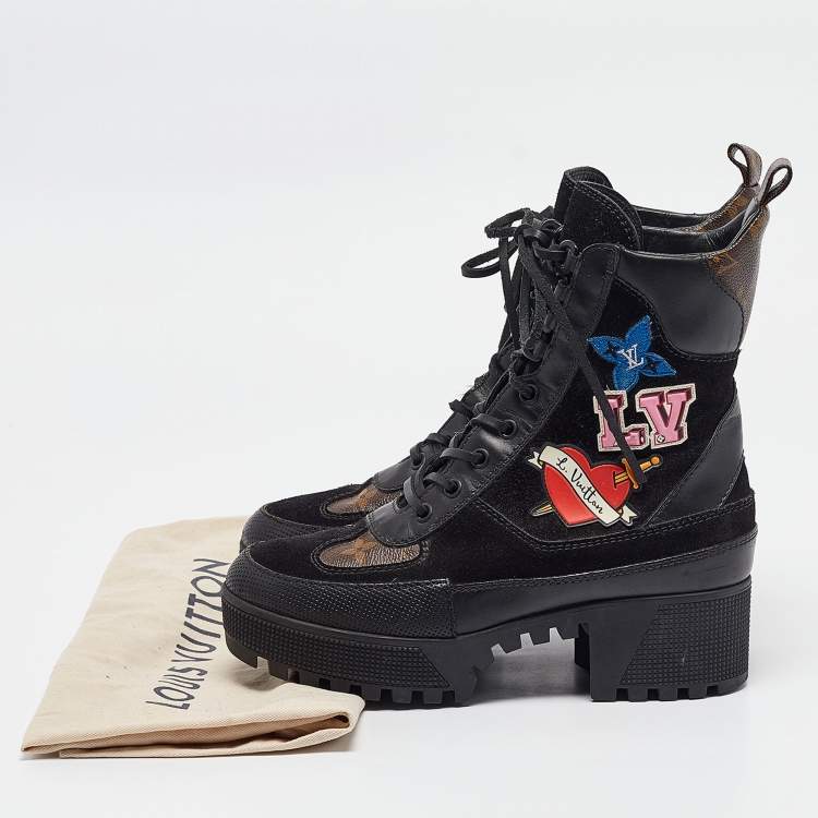 Pre Owned Louis Vuitton Black/Brown Monogram Canvas and Leather Laureate Ankle Boots Size 37