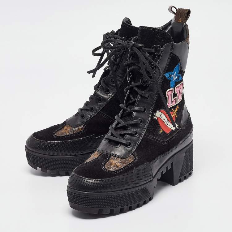 Pre Owned Louis Vuitton Black/Brown Monogram Canvas and Leather Laureate Ankle Boots Size 37