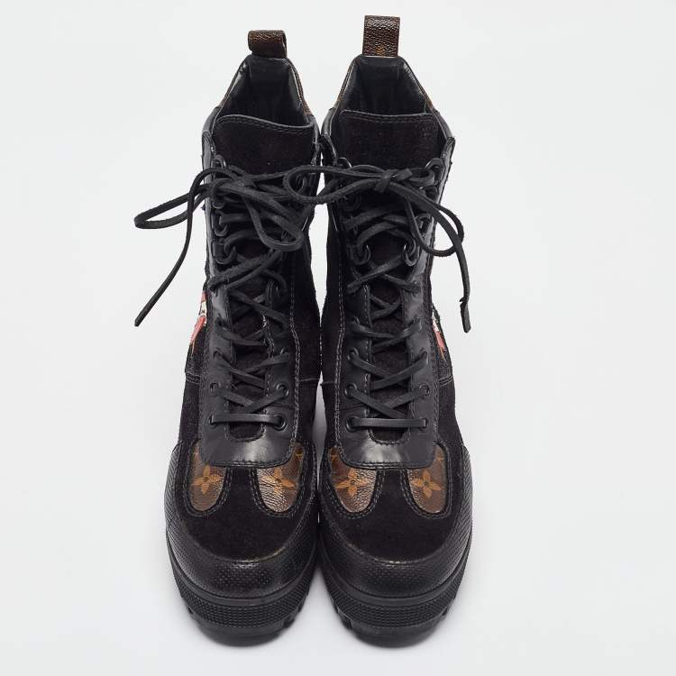 Pre Owned Louis Vuitton Black/Brown Monogram Canvas and Leather Laureate Ankle Boots Size 37