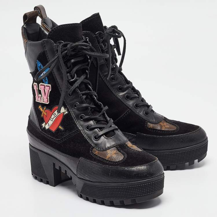 Pre Owned Louis Vuitton Black/Brown Monogram Canvas and Leather Laureate Ankle Boots Size 37