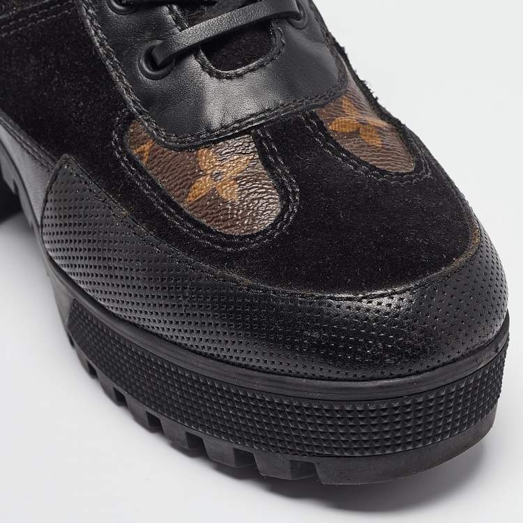 Pre Owned Louis Vuitton Black/Brown Monogram Canvas and Leather Laureate Ankle Boots Size 37