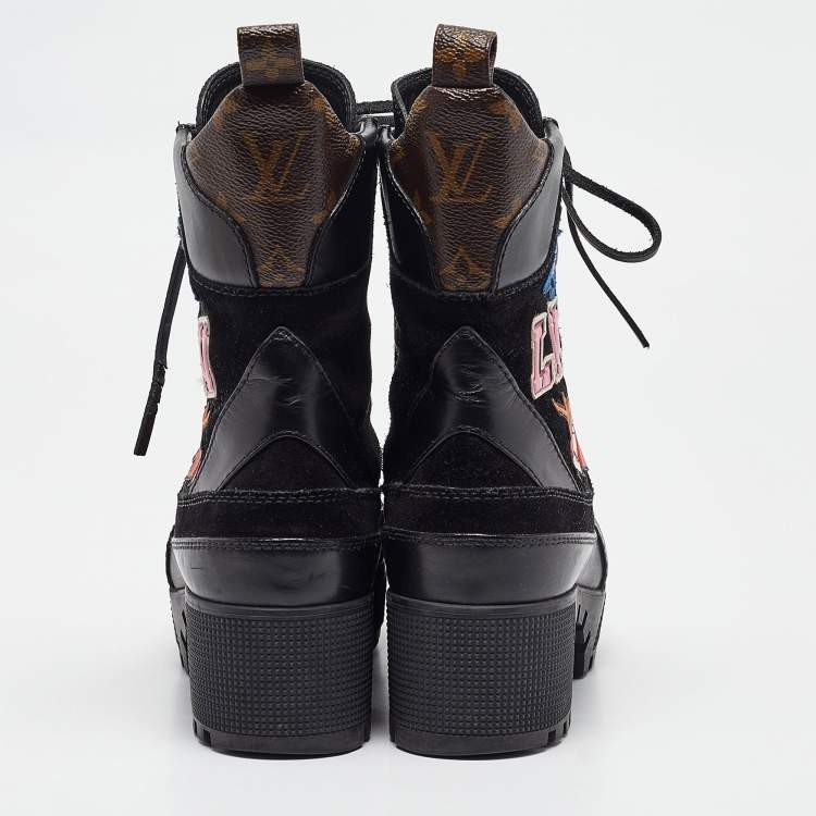 Pre Owned Louis Vuitton Black/Brown Monogram Canvas and Leather Laureate Ankle Boots Size 37