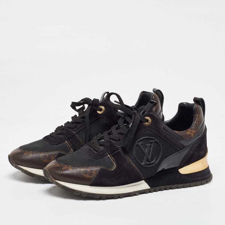 Pre Owned Louis Vuitton Black/Brown Monogram Canvas and Mesh Run Away Low Top Sneakers Size 37