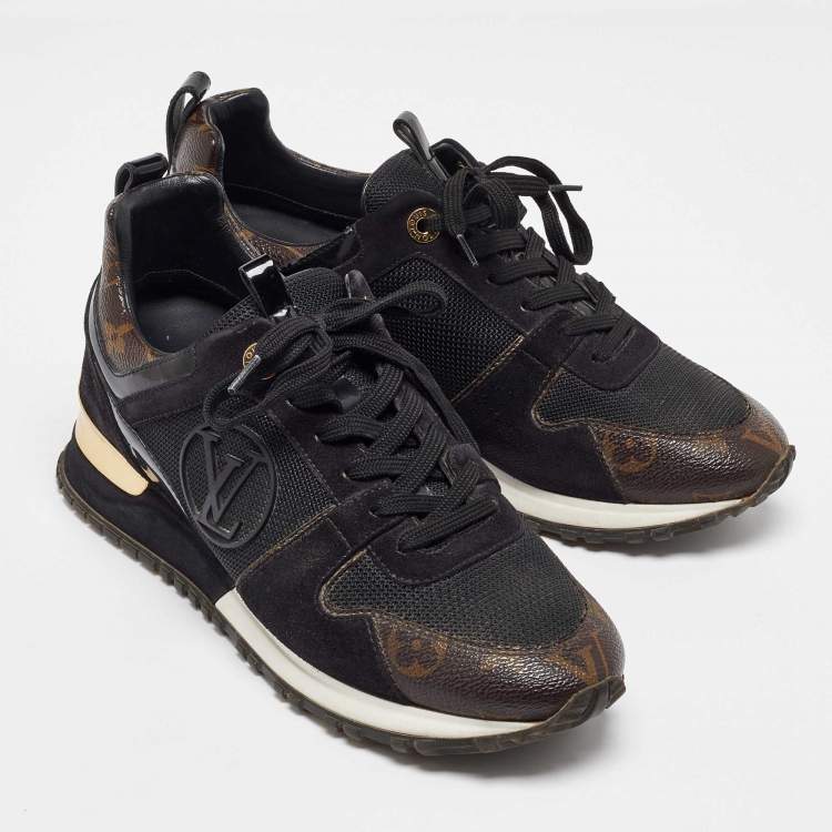 Pre Owned Louis Vuitton Black/Brown Monogram Canvas and Mesh Run Away Low Top Sneakers Size 37