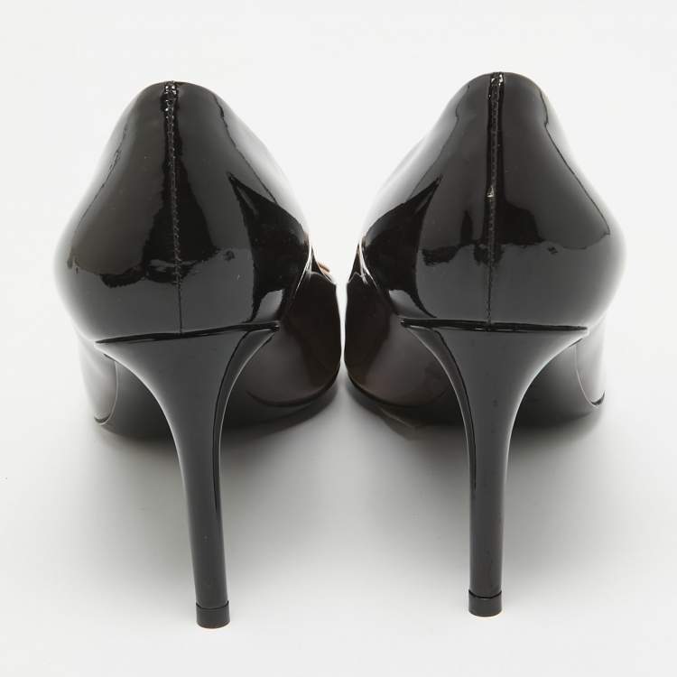 Pre Owned Louis Vuitton Black/Beige Patent Leather Fiance Bow Round Toe Pumps Size 37
