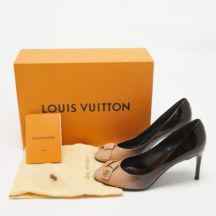 Pre Owned Louis Vuitton Black/Beige Patent Leather Fiance Bow Round Toe Pumps Size 37