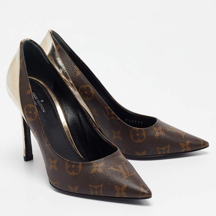 Pre Owned Louis Vuitton Brown Monogram Canvas and Leather Chérie Pumps Size 37.5