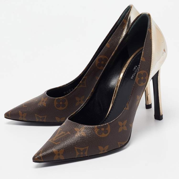 Pre Owned Louis Vuitton Brown Monogram Canvas and Leather Chérie Pumps Size 37.5